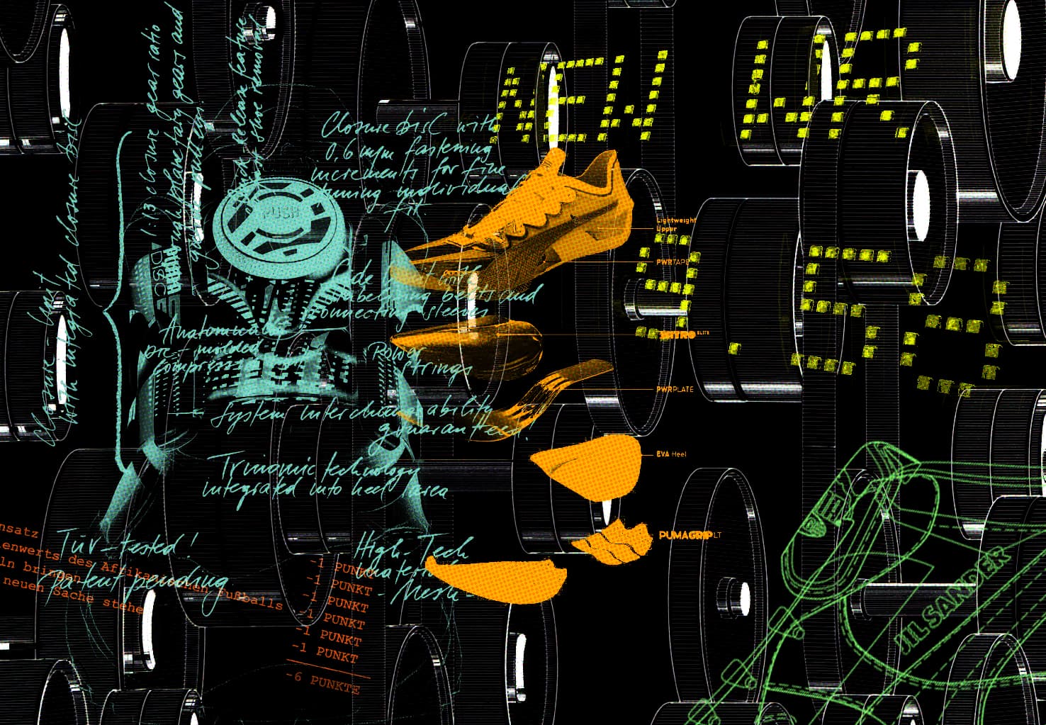 Collezione di scarpe sportive tecnologiche su superficie grigia, illuminazione editoriale, mood archivio storico