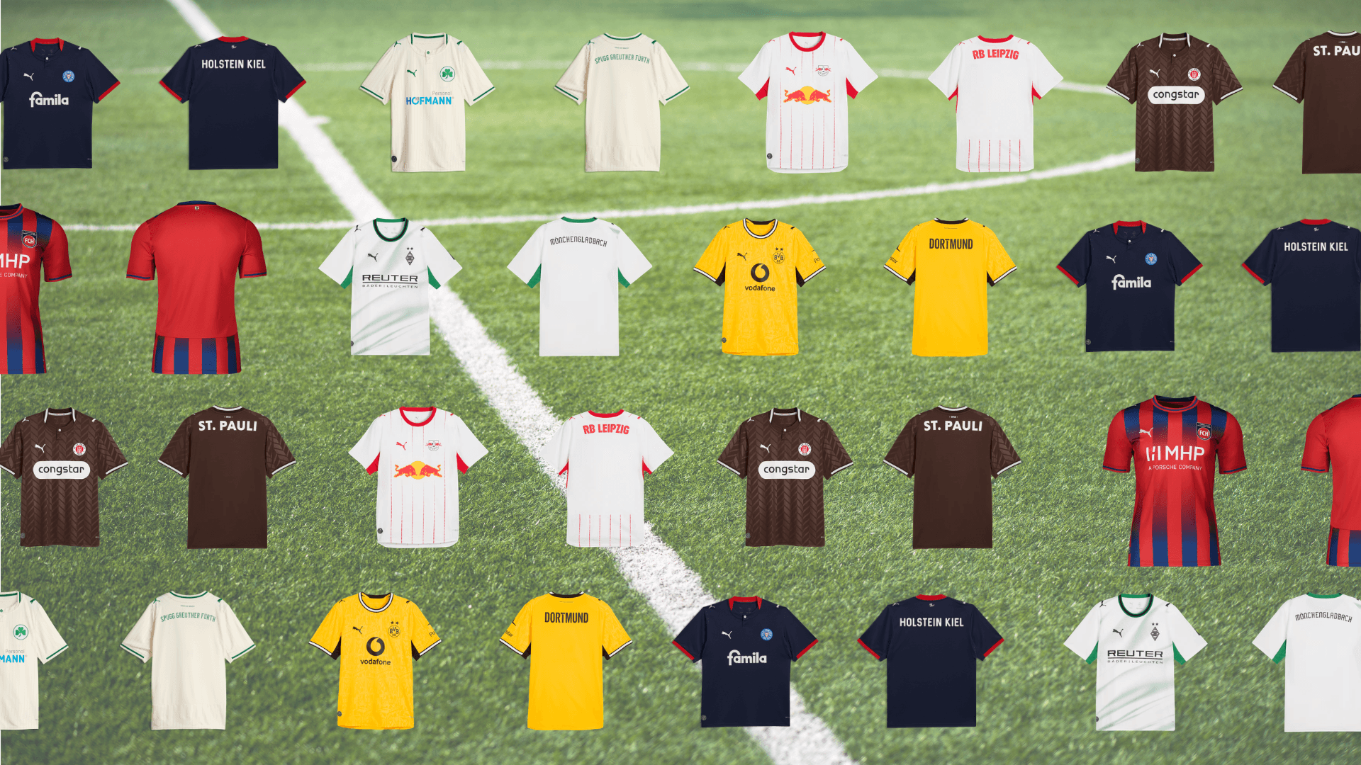Sette maglie da calcio Puma per la Bundesliga 2026/27 disposte su sfondo neutro, ognuna con colori e grafiche distintive dei rispettivi club