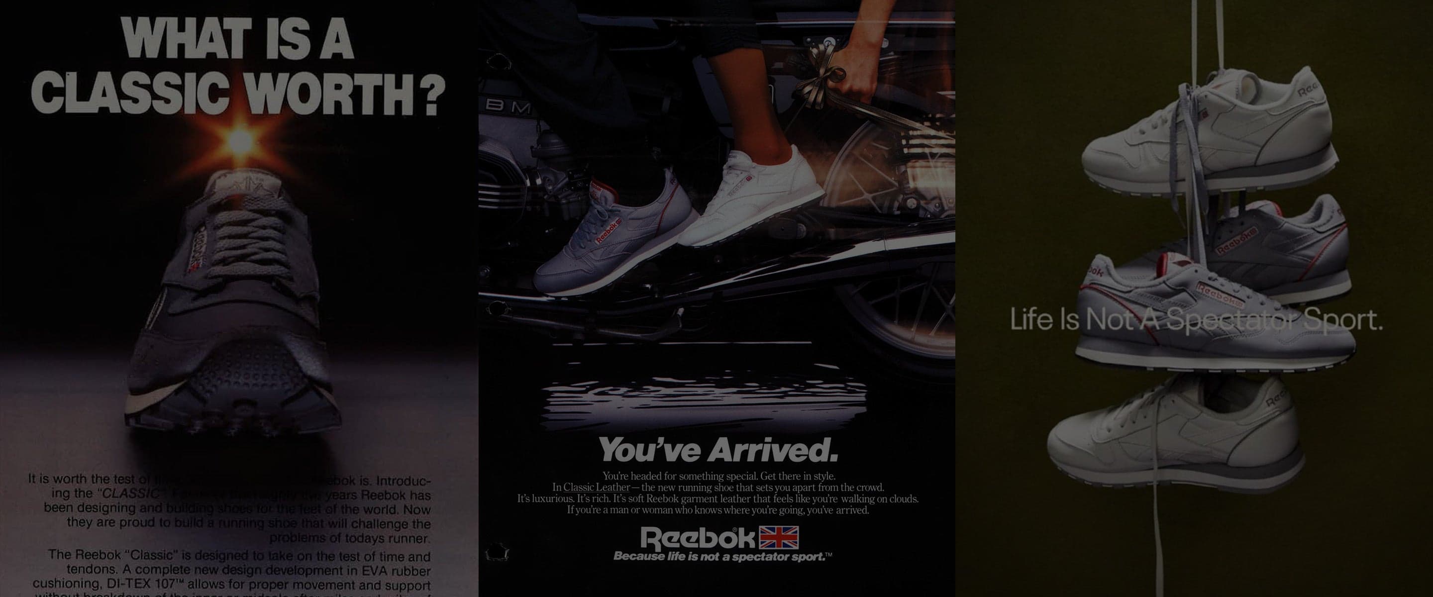 Reebok Classic Leather bianca su superficie in pelle invecchiata, illuminazione laterale calda, sfondo neutro grigio